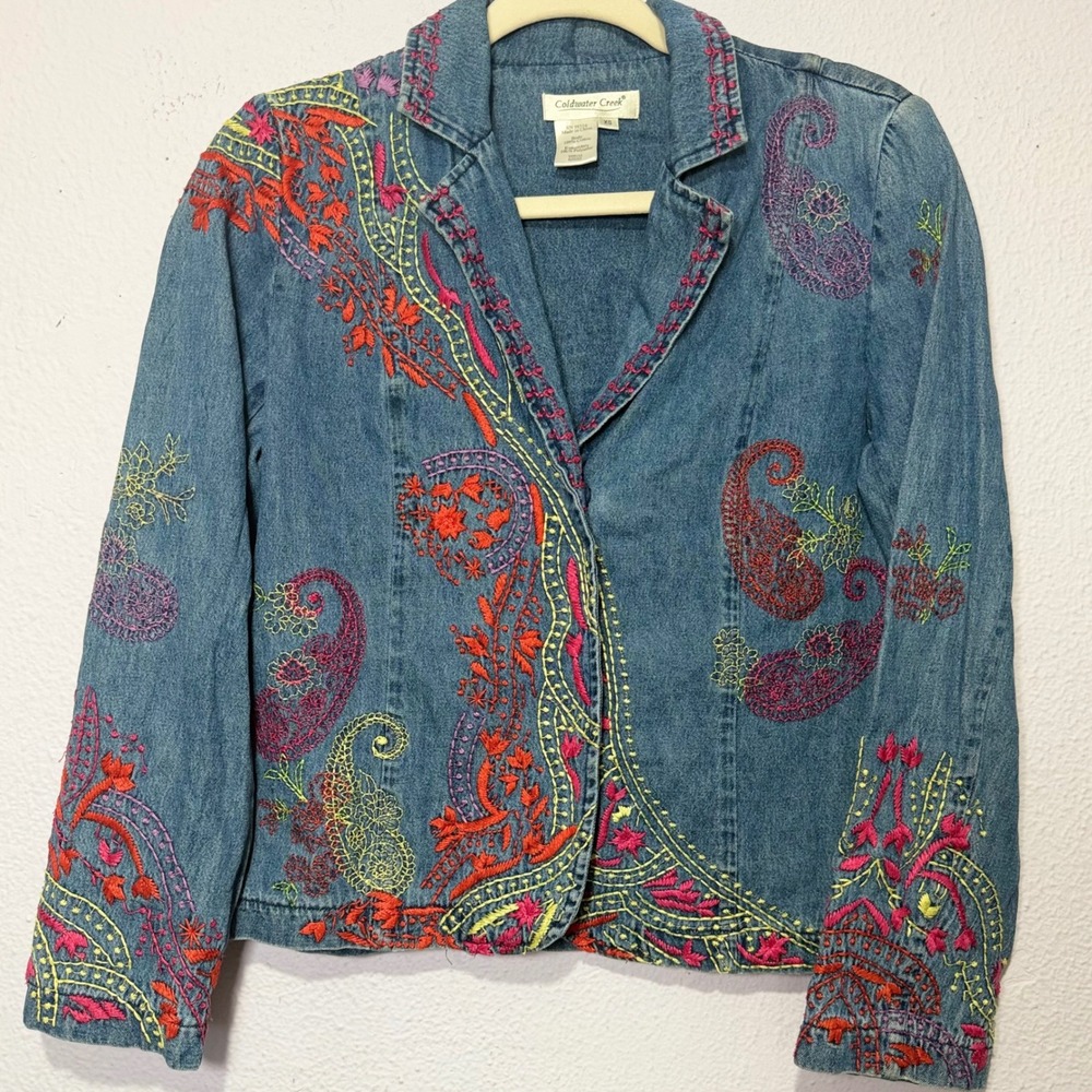 Coldwater Creek Embroidered Denim Jacket XS Paisley Boho Coquette Cottagecore